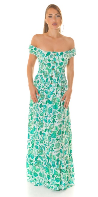 off-shoulder Summer Maxi Dress with decorative buttons Green